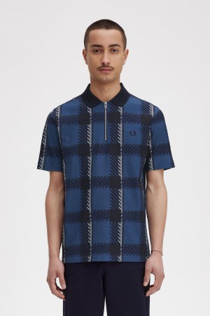 Camisa Polo Fred Perry Glitch Tartan Zip Neck Polo Shirt Hombre Azules | CLCIF28757