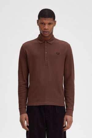 Camisa Polo Fred Perry Honeycomb Algodon Long Sleeve Polo Shirt Hombre Marrones | CLCIF83612