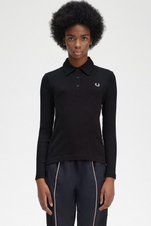 Camisa Polo Fred Perry Long Sleeve Acanalado Mujer Negras | GCLEC89339