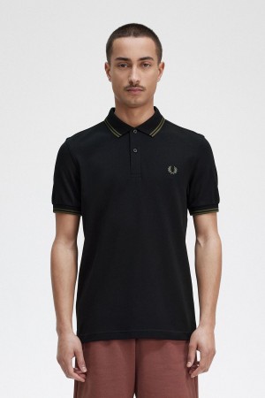 Camisa Polo Fred Perry M3600 Hombre Negras Verde Verde | CLJKU16048