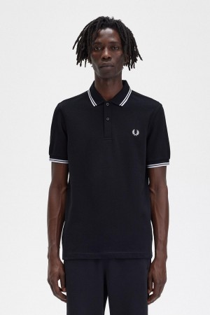 Camisa Polo Fred Perry M3600 Hombre Negras Blancas Blancas | CLJZR50420