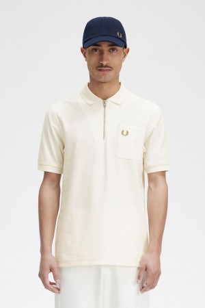 Camisa Polo Fred Perry Textured Zip Neck Polo Shirt Hombre Ecru | CLEGJ41424