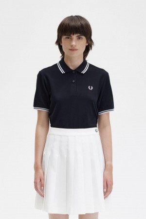 Camiseta Fred Perry G3600 Mujer Negras Blancas Blancas | ECLVG43375