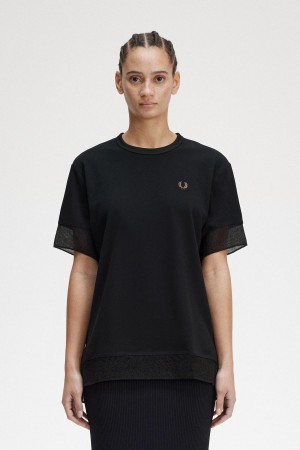 Camiseta Fred Perry Sheer Trim Piqué Mujer Negras | BCLSO50497