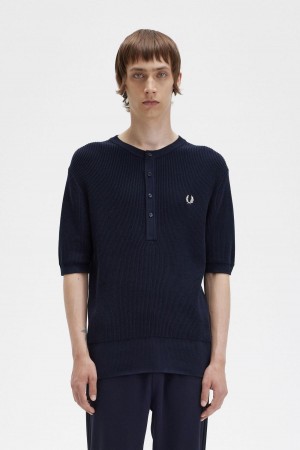 Prendas De Punto Fred Perry Acanalado De Punto Henley Top Hombre Azul Marino | ECLHC19704