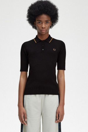 Prendas De Punto Fred Perry Acanalado De Punto Shirt Mujer Negras | QCLUV24904