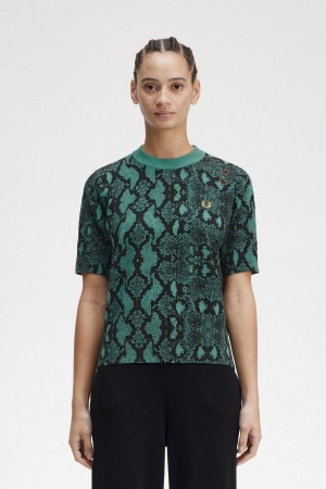 Prendas De Punto Fred Perry Snake Print Jumper Mujer Verde Menta Oscuro | CLZDE85033