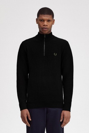 Prendas De Punto Fred Perry Textured Half Zip Jumper Hombre Negras | XCLGW24116