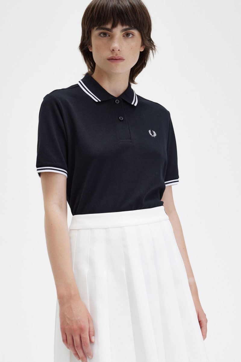 Camisa Polo Fred Perry G3600 Mujer Negras Blancas Blancas | SCLVO74900