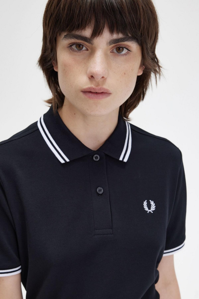 Camisa Polo Fred Perry G3600 Mujer Negras Blancas Blancas | SCLVO74900