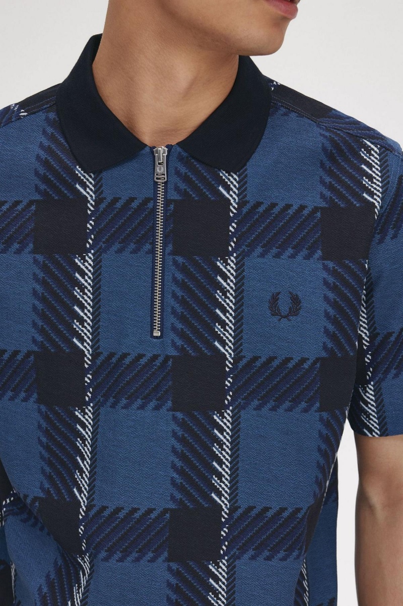 Camisa Polo Fred Perry Glitch Tartan Zip Neck Polo Shirt Hombre Azules | CLCIF28757