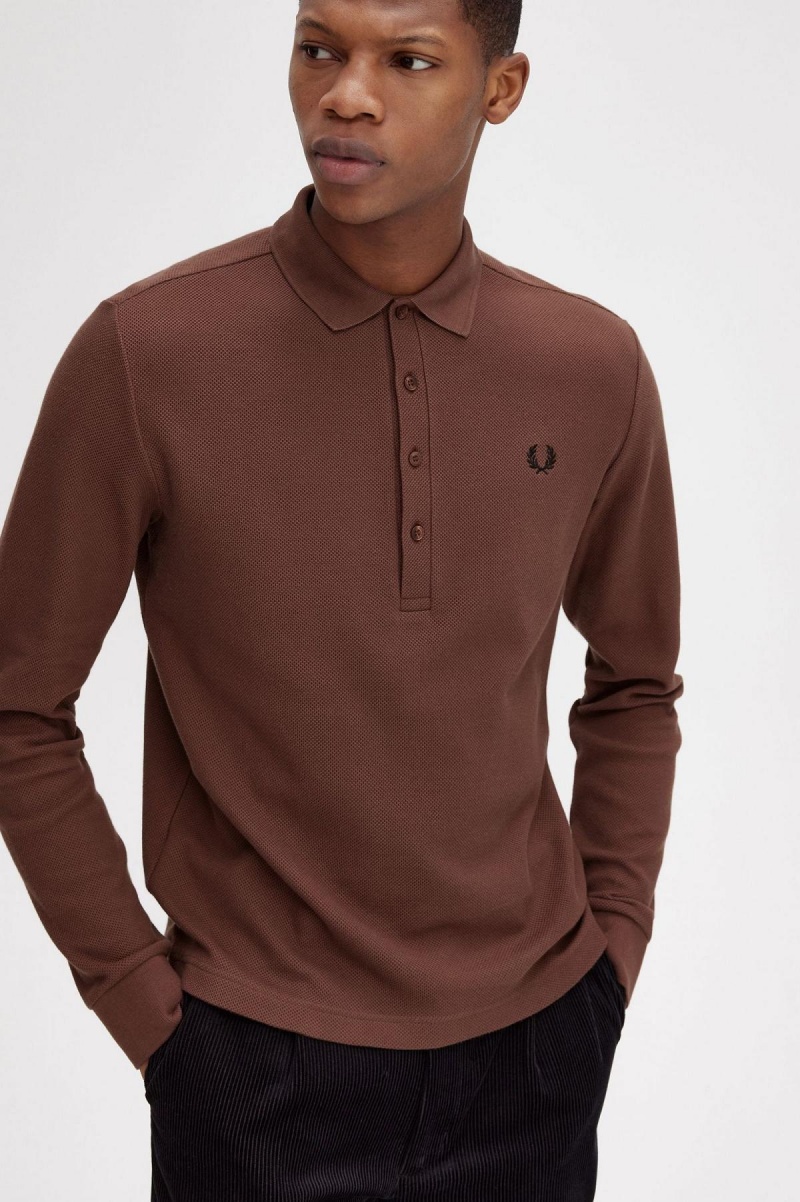 Camisa Polo Fred Perry Honeycomb Algodon Long Sleeve Polo Shirt Hombre Marrones | CLCIF83612