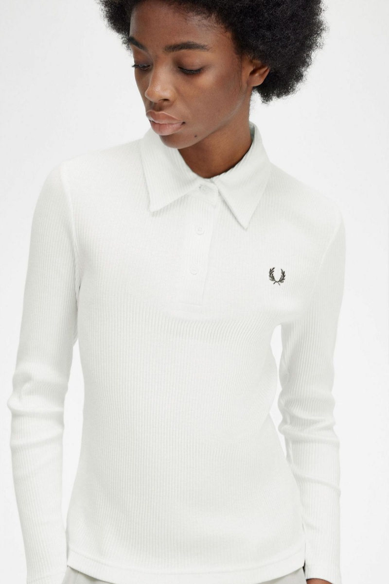 Camisa Polo Fred Perry Long Sleeve Acanalado Mujer Blancas | TCLWZ94412