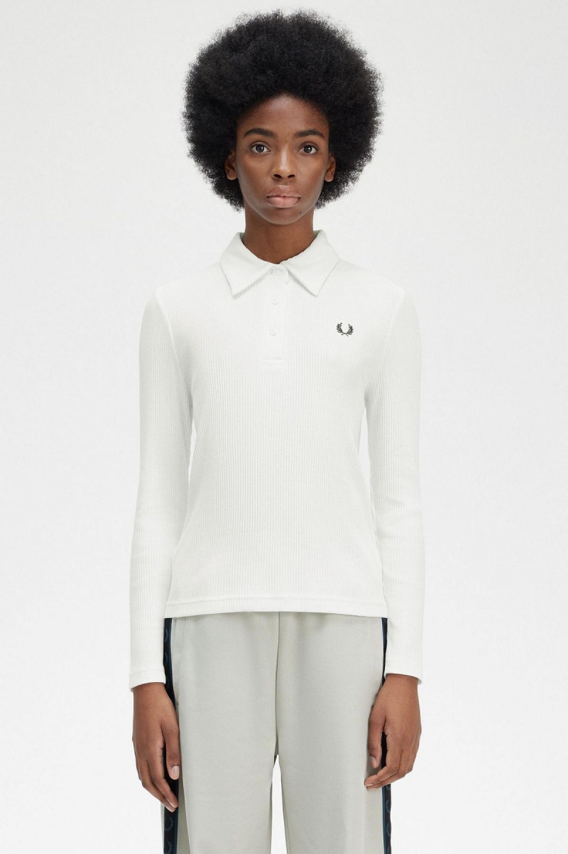 Camisa Polo Fred Perry Long Sleeve Acanalado Mujer Blancas | TCLWZ94412