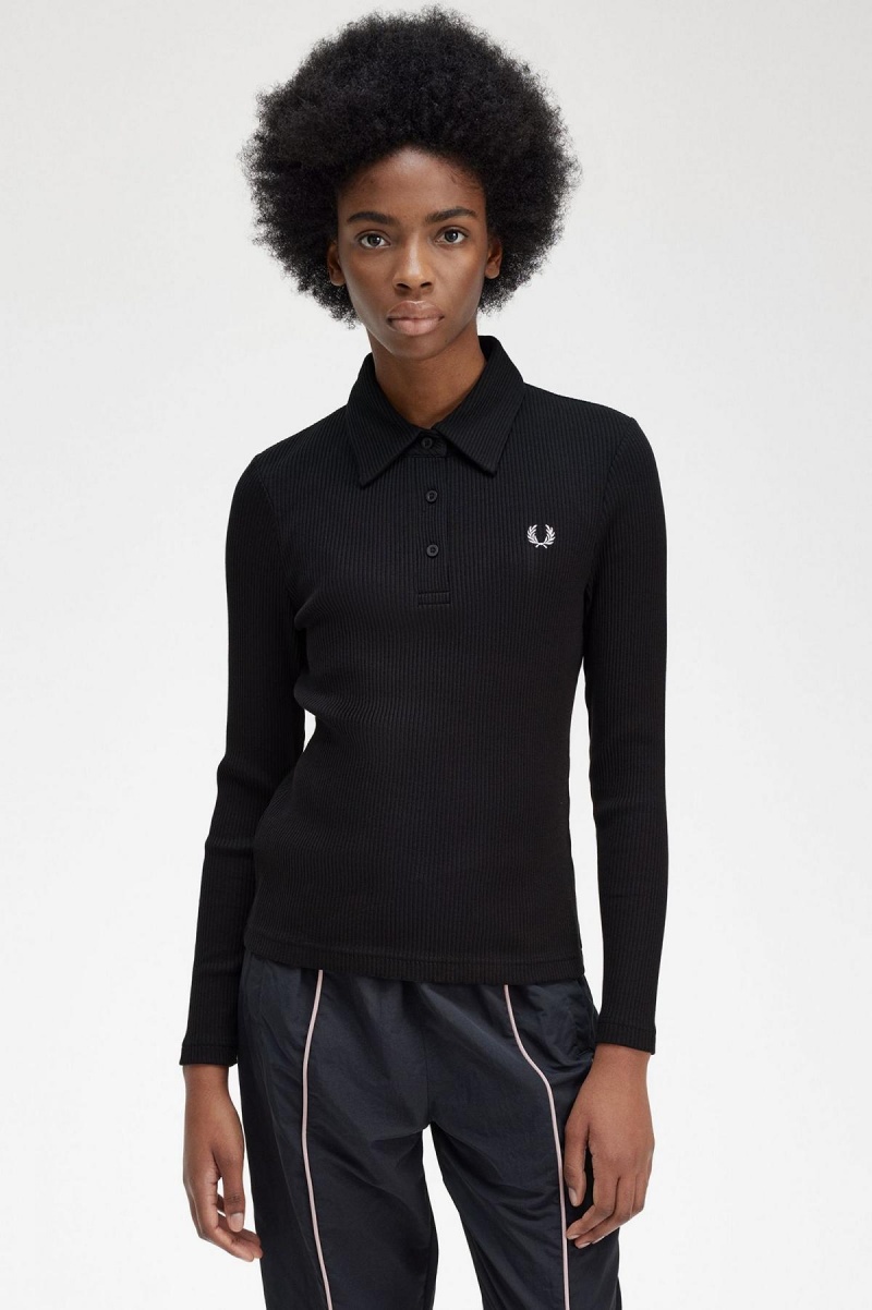 Camisa Polo Fred Perry Long Sleeve Acanalado Mujer Negras | GCLEC89339