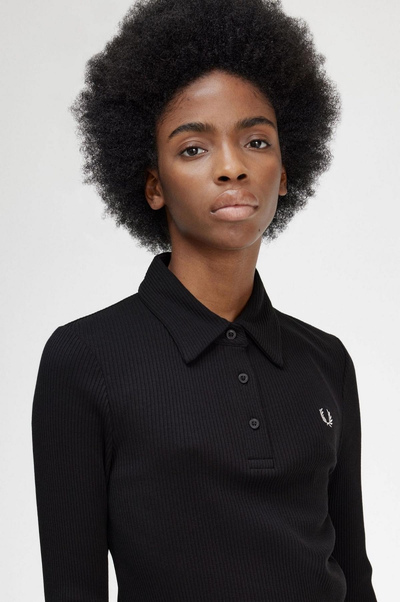 Camisa Polo Fred Perry Long Sleeve Acanalado Mujer Negras | GCLEC89339