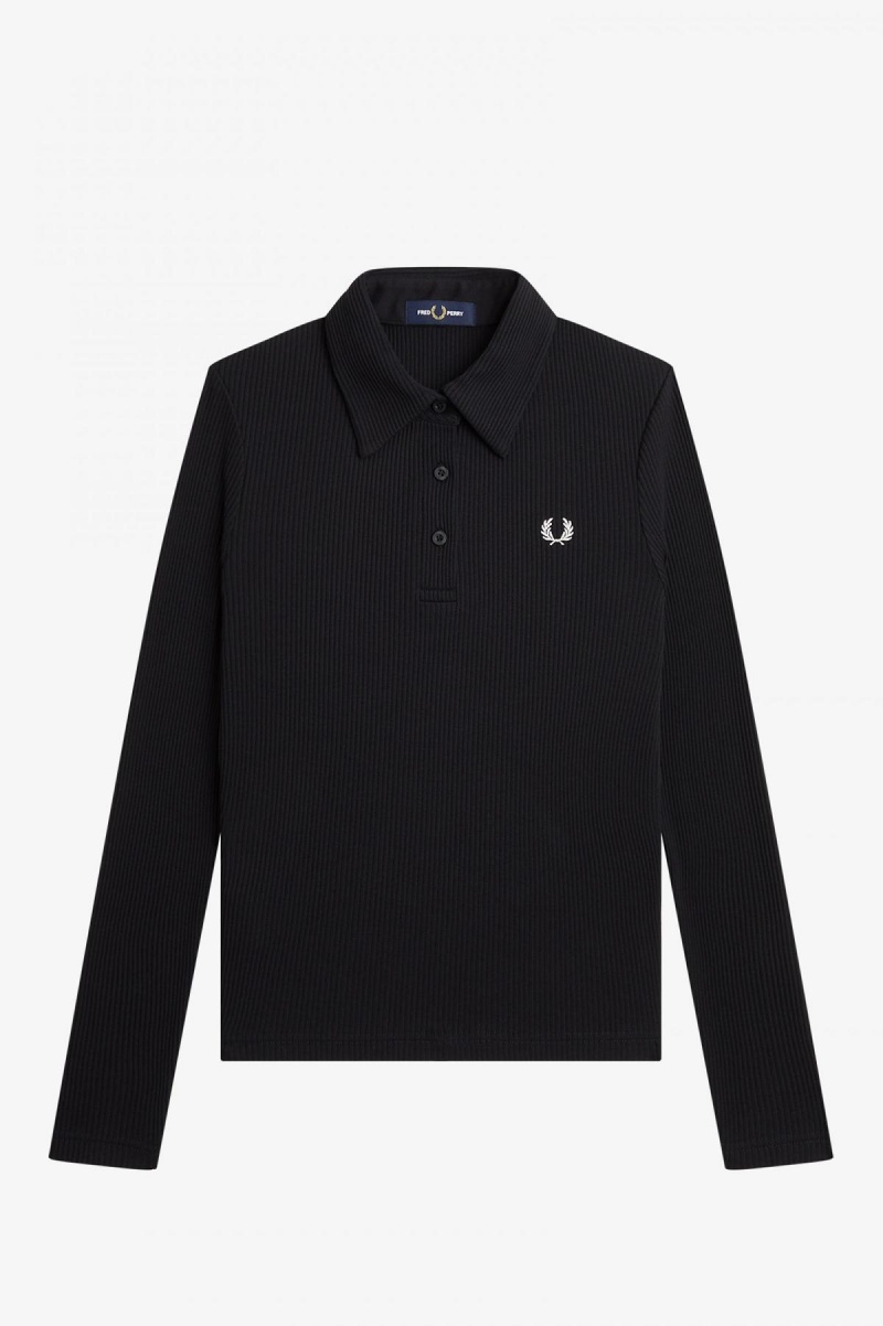 Camisa Polo Fred Perry Long Sleeve Acanalado Mujer Negras | GCLEC89339