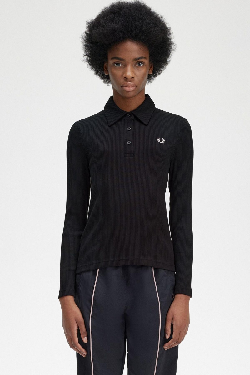 Camisa Polo Fred Perry Long Sleeve Acanalado Mujer Negras | GCLEC89339