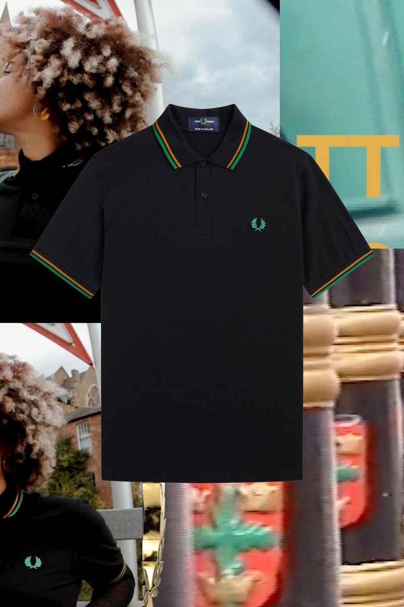 Camisa Polo Fred Perry M12 Hombre Negras Doradas Verde | YCLGT16348