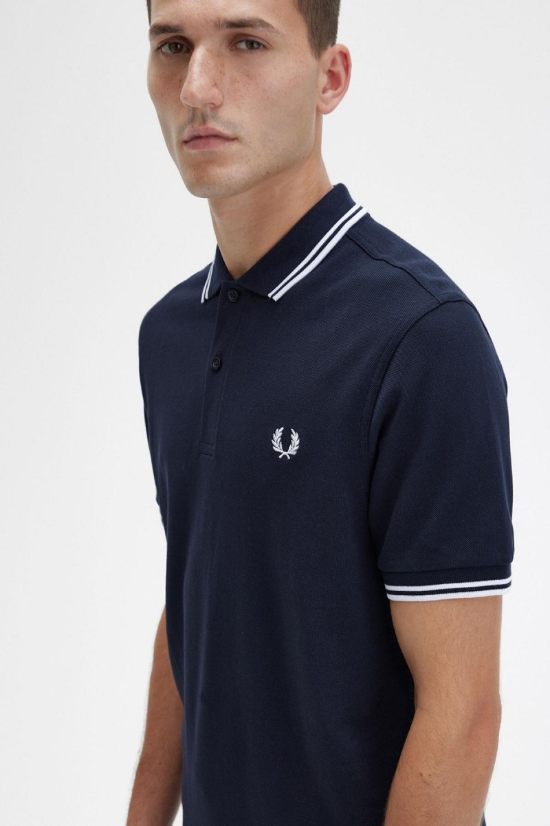 Camisa Polo Fred Perry M3600 Hombre Azul Marino Blancas Blancas | GCLEC21003