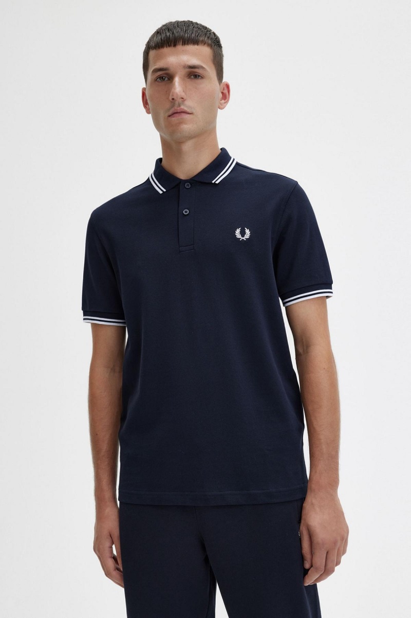 Camisa Polo Fred Perry M3600 Hombre Azul Marino Blancas Blancas | GCLEC21003