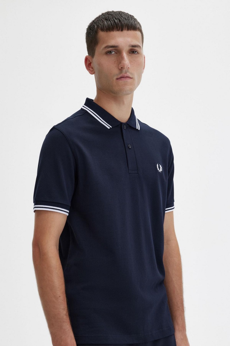 Camisa Polo Fred Perry M3600 Hombre Azul Marino Blancas Blancas | GCLEC21003