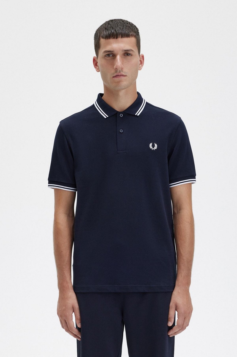 Camisa Polo Fred Perry M3600 Hombre Azul Marino Blancas Blancas | GCLEC21003