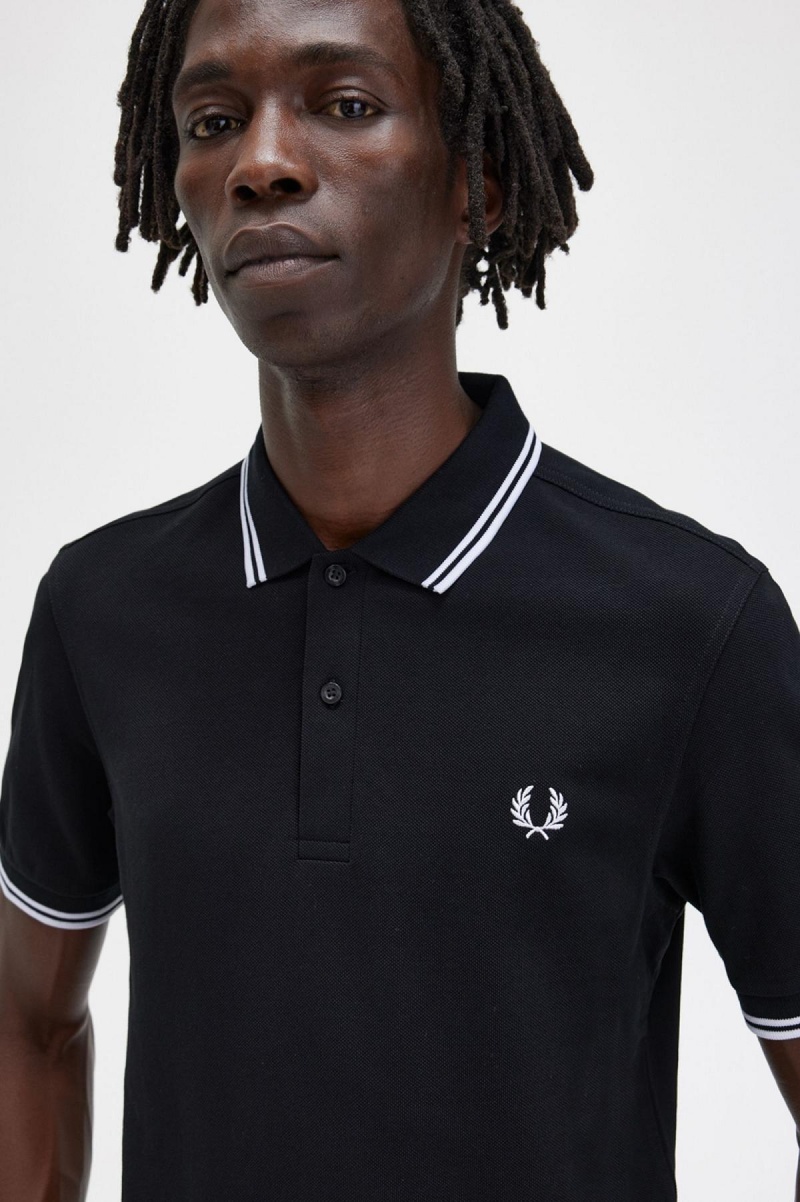 Camisa Polo Fred Perry M3600 Hombre Negras Blancas Blancas | CLJZR50420