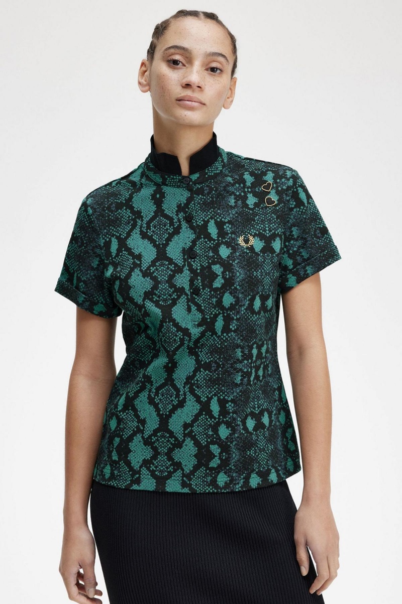 Camisa Polo Fred Perry Snake Print Mujer Verde Menta Oscuro | QCLUV21556