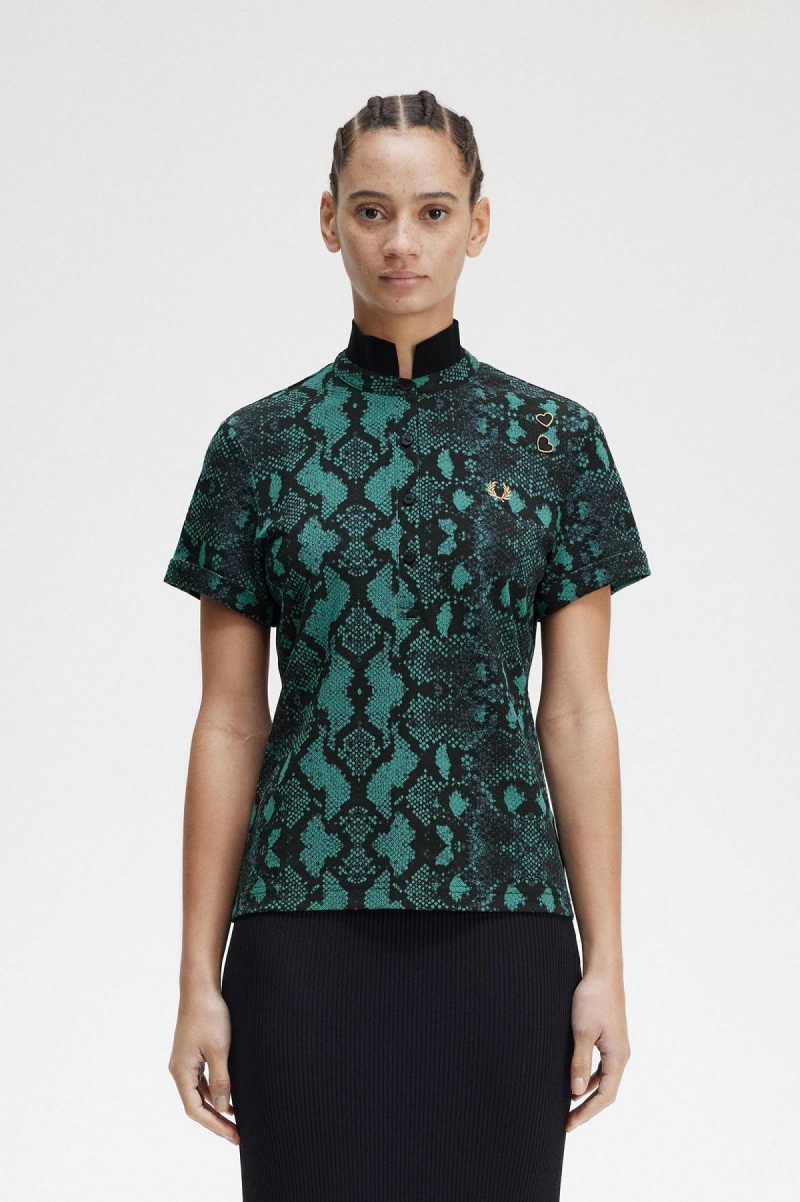 Camisa Polo Fred Perry Snake Print Mujer Verde Menta Oscuro | QCLUV21556