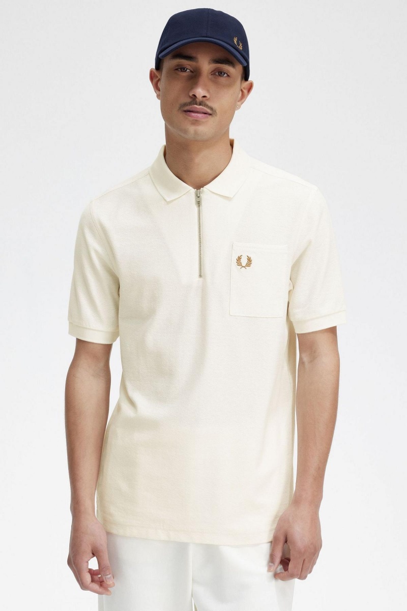 Camisa Polo Fred Perry Textured Zip Neck Polo Shirt Hombre Ecru | CLEGJ41424