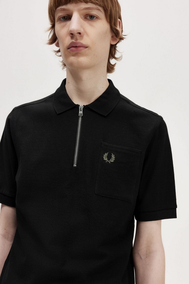 Camisa Polo Fred Perry Textured Zip Neck Polo Shirt Hombre Negras | CLXBR78989