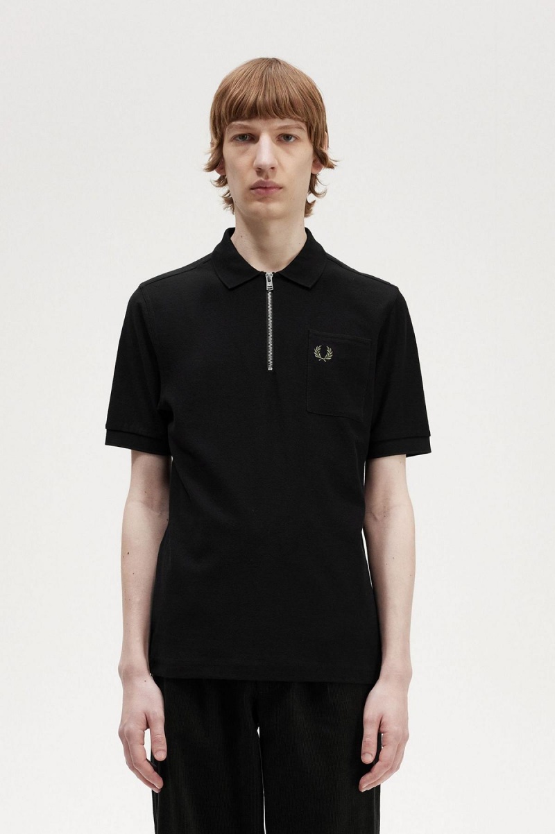 Camisa Polo Fred Perry Textured Zip Neck Polo Shirt Hombre Negras | CLXBR78989