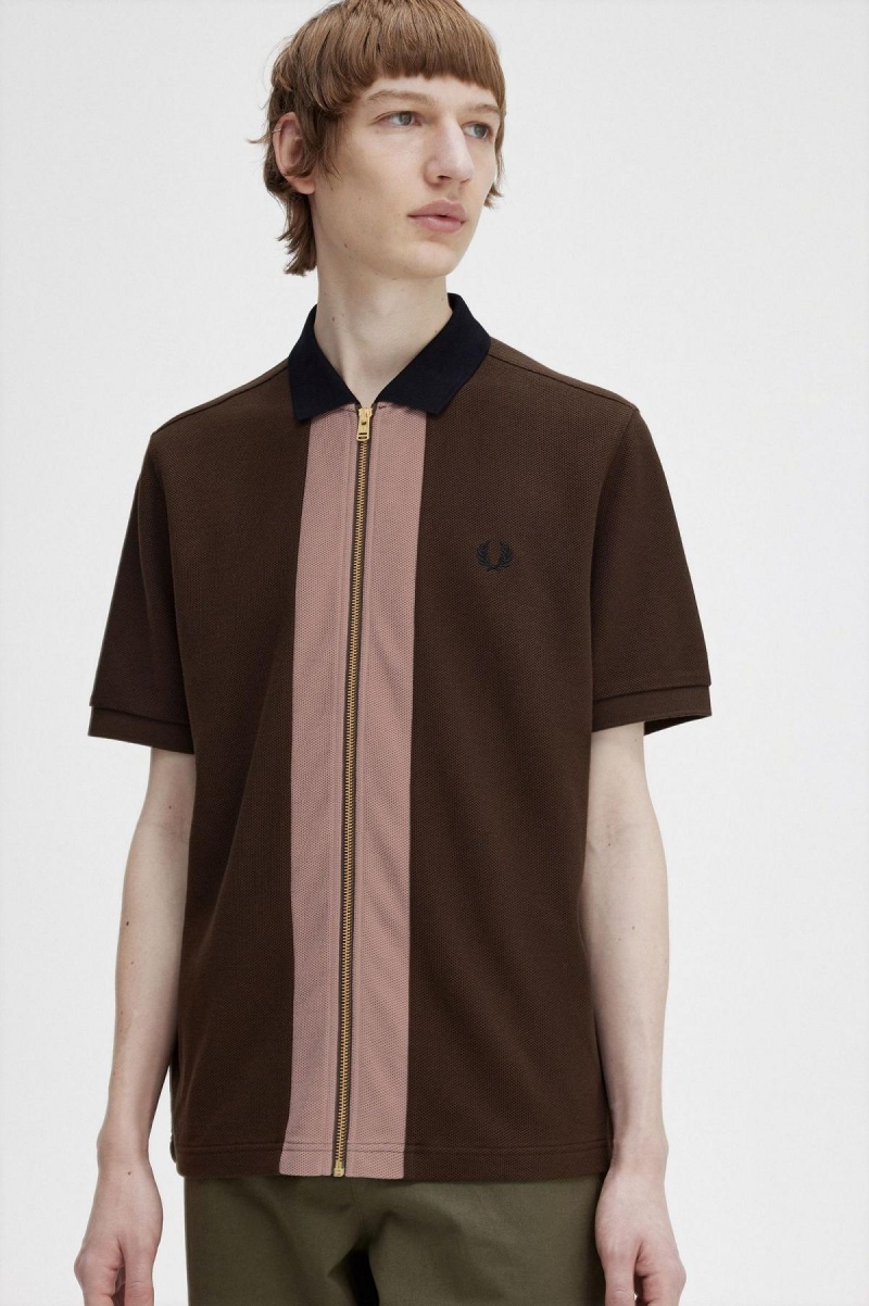 Camisa Polo Fred Perry Zip Through Polo Shirt Hombre Burnt Tobacco | FCLUI19848