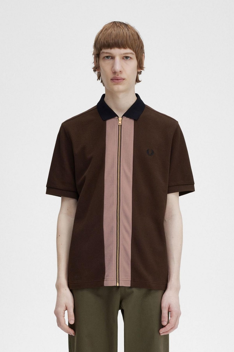 Camisa Polo Fred Perry Zip Through Polo Shirt Hombre Burnt Tobacco | FCLUI19848