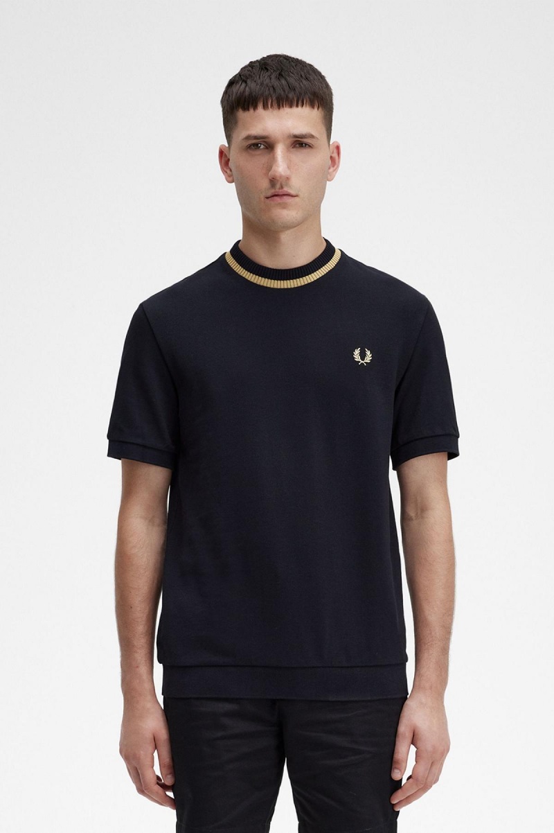 Camiseta Fred Perry Crew Neck Piqué Hombre Negras | SCLVO65786