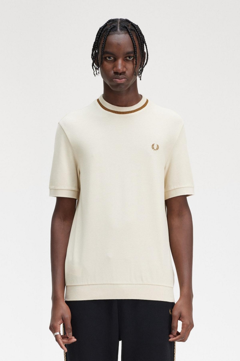 Camiseta Fred Perry Crew Neck Piqué Hombre Oatmeal | UCLTG31468