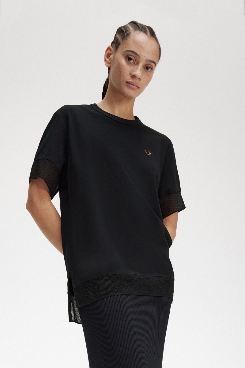 Camiseta Fred Perry Sheer Trim Piqué Mujer Negras | BCLSO50497