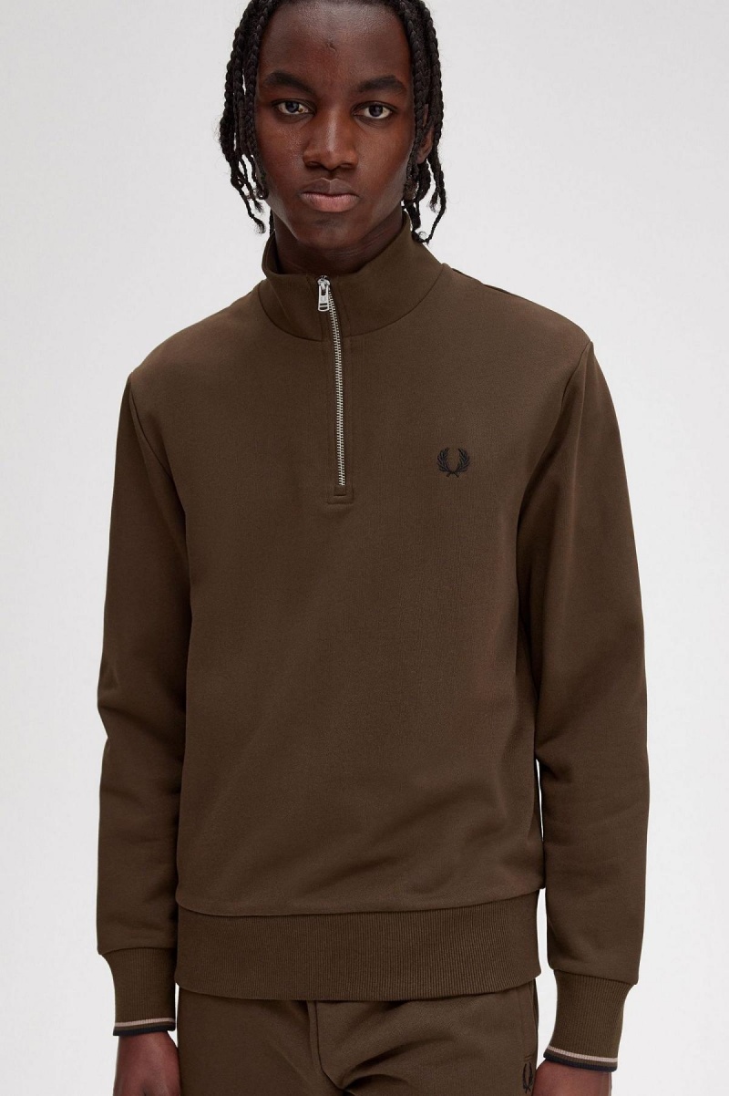 Chandals Fred Perry Half Zip Sweatshirt Hombre Burnt Tobacco | ACLWC57880