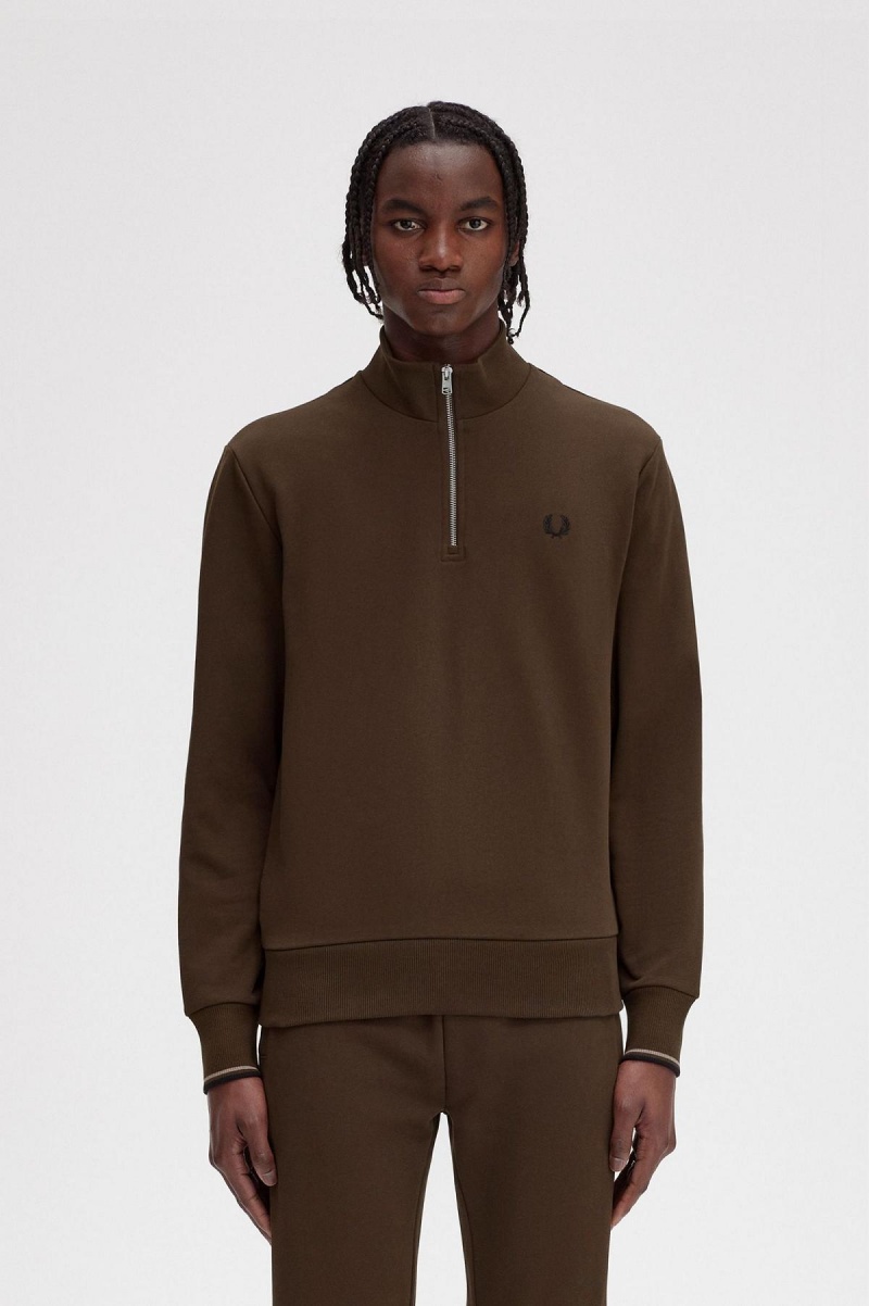 Chandals Fred Perry Half Zip Sweatshirt Hombre Burnt Tobacco | ACLWC57880