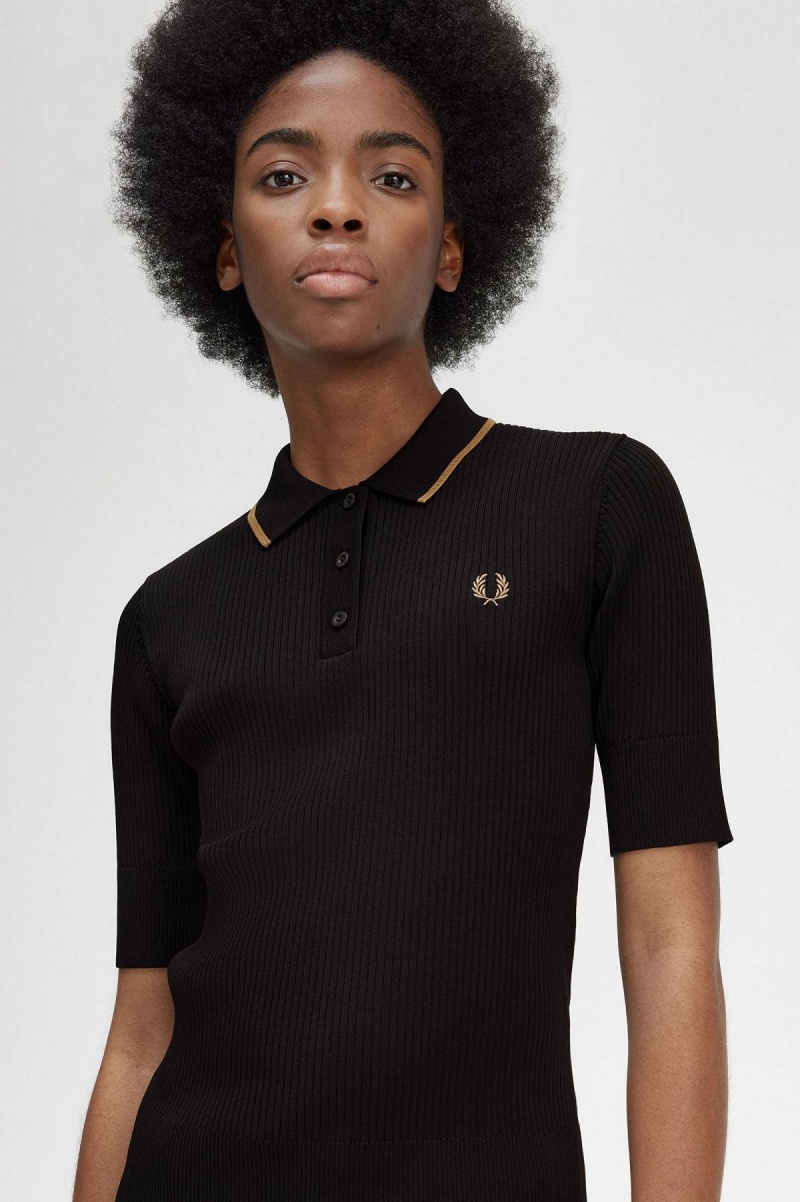 Prendas De Punto Fred Perry Acanalado De Punto Shirt Mujer Negras | QCLUV24904