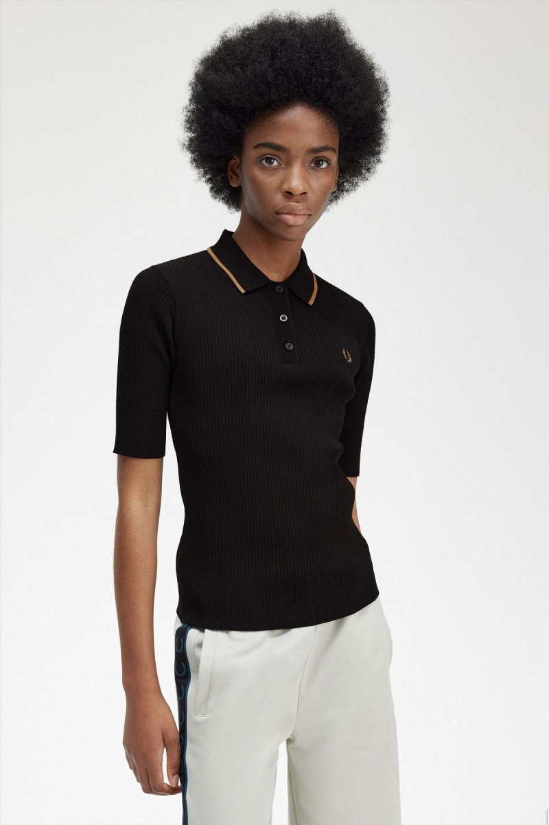 Prendas De Punto Fred Perry Acanalado De Punto Shirt Mujer Negras | QCLUV24904