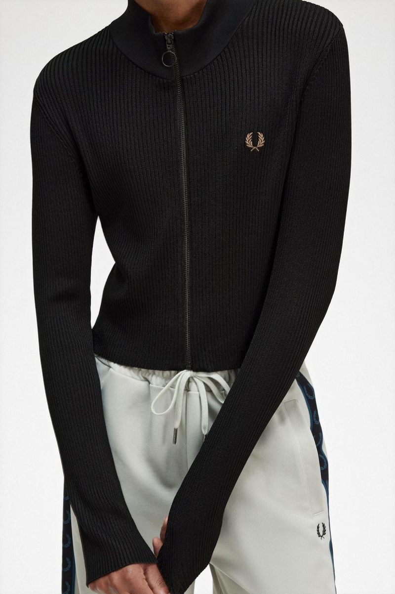 Prendas De Punto Fred Perry Acanalado Zip Through Jumper Mujer Negras | UCLTG24100