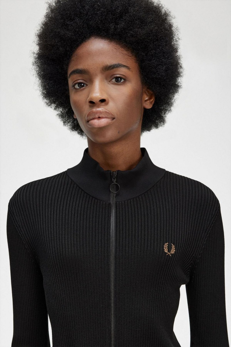 Prendas De Punto Fred Perry Acanalado Zip Through Jumper Mujer Negras | UCLTG24100