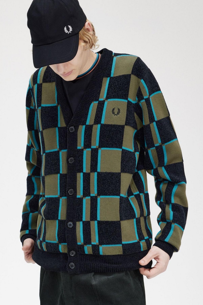 Prendas De Punto Fred Perry Glitch Chequerboard Cardigan Hombre Verde Negras | UCLTG85650