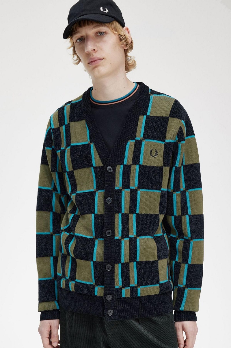 Prendas De Punto Fred Perry Glitch Chequerboard Cardigan Hombre Verde Negras | UCLTG85650