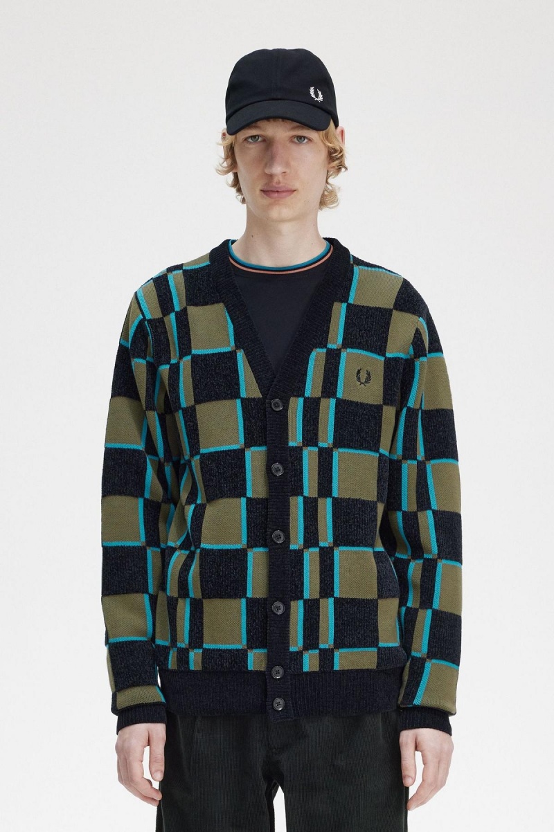 Prendas De Punto Fred Perry Glitch Chequerboard Cardigan Hombre Verde Negras | UCLTG85650