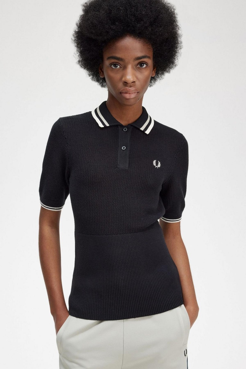 Prendas De Punto Fred Perry Open-De Punto Shirt Mujer Negras | YCLVQ81087