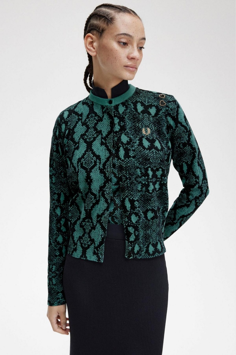 Prendas De Punto Fred Perry Snake Print Cardigan Mujer Verde Menta Oscuro | CLZPD31890