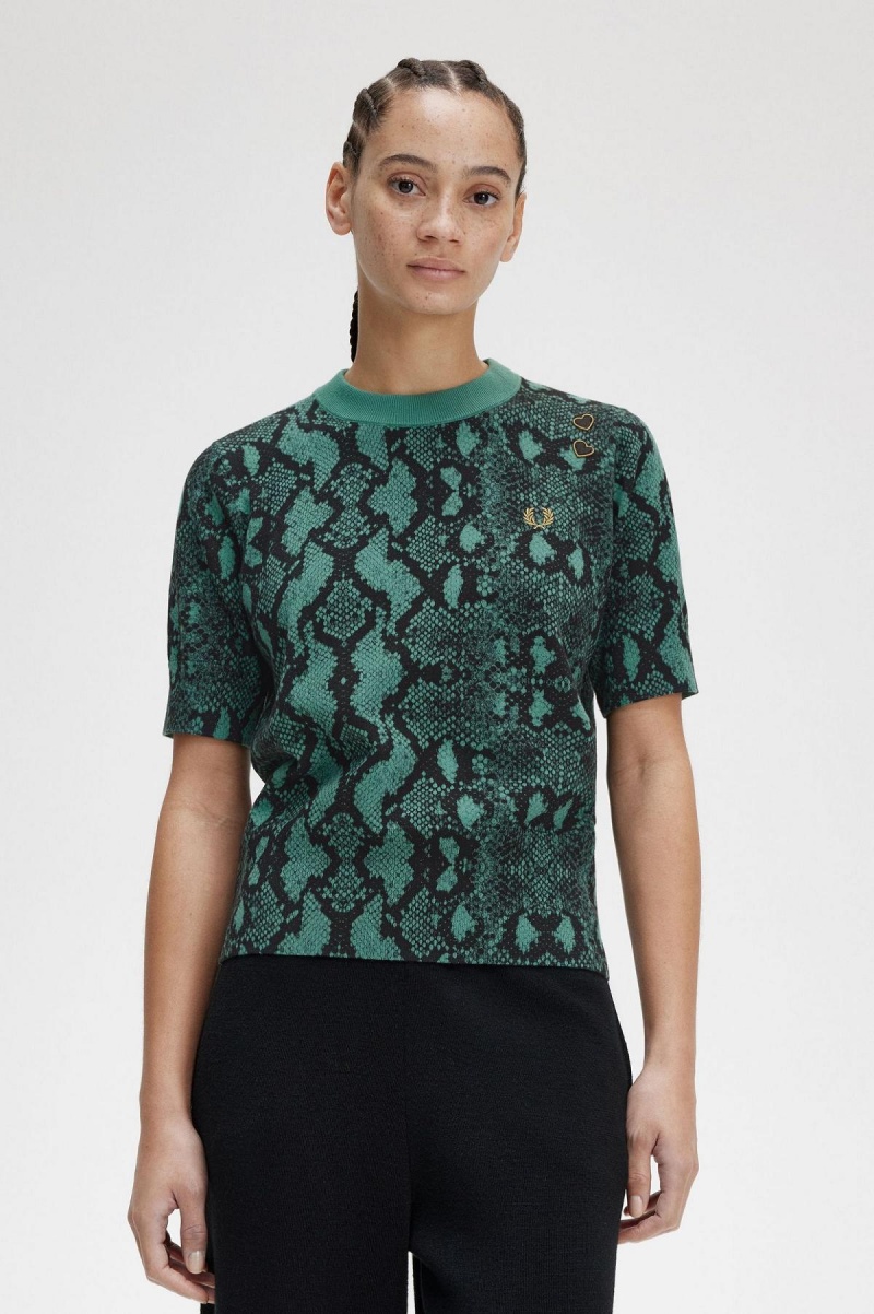 Prendas De Punto Fred Perry Snake Print Jumper Mujer Verde Menta Oscuro | CLZDE85033